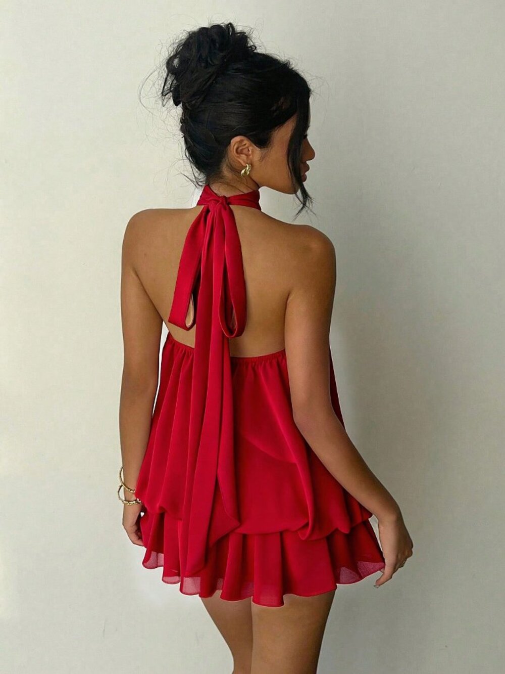 Aloruh Women's Elegant Sexy Red Valentine's Day Halter Neck Tie Mini Dress Club - Picture 3 of 3